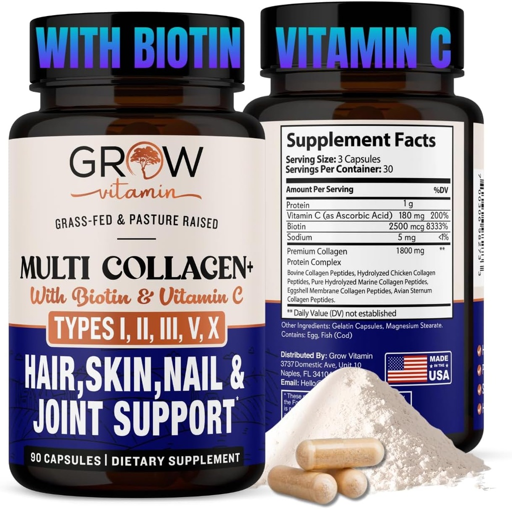 cultivar vitamina multi colágeno cápsulas - Tipos I, II, III, V & X TENIDO Blend hidrolizado con biotina & vitamina C para el cabello, piel, uñas 90 cápsulas