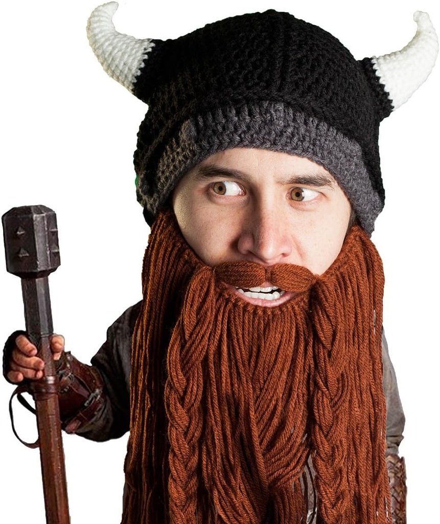 Cabeza de barba Viking Pillager - Original Knit Viking Horn Helmet and Removable Braided Brown/Black Beard