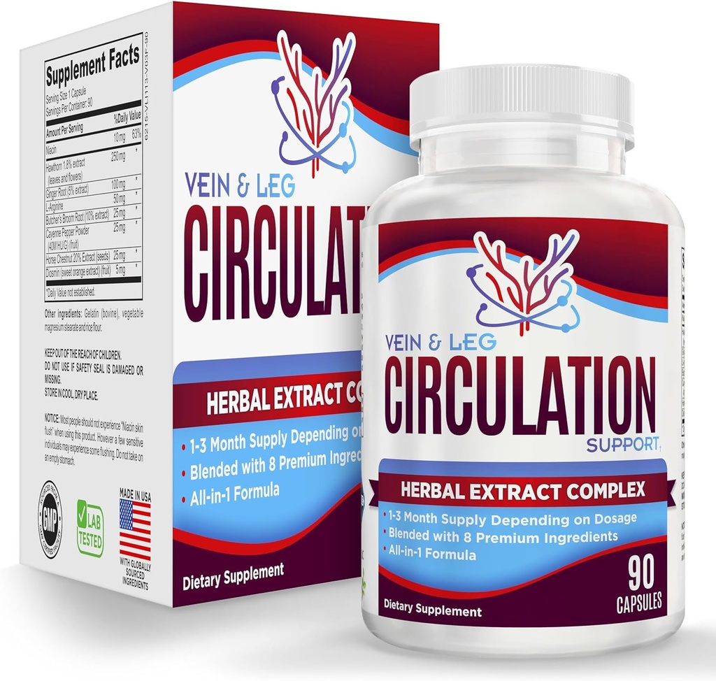 Vein &amp; Leg Circulation Supplement (All-in-1) Health Support with 8 Active Ingredients ¦ Blood Circulation Booster Fórmula ← Leg &amp; Vein Supplements TEN 1-Month Supply ← 90 Capsules