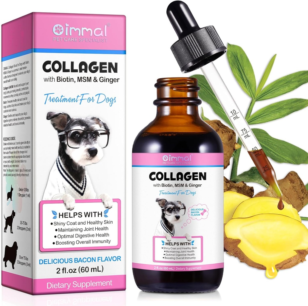 Collagen for Dogs, Dog Collagen Liquid Drops with Biotin, MSM & Ginger Digestive &amp; Immunity Support, Itch Relief, Skin & Coat and Joint Health, Dog Supplement 60ml