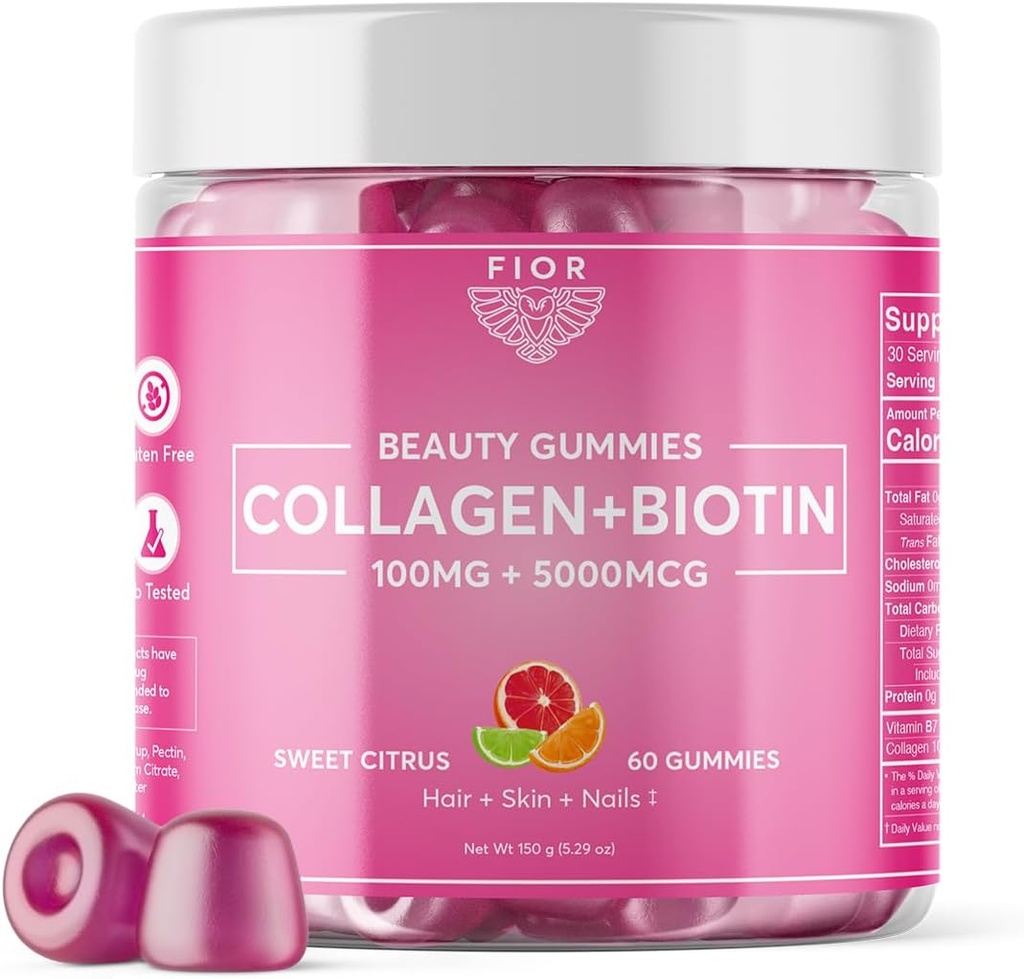 FIOR 60 ct Biotina y Suplementos Collagen. Mejor Collagen " Vitaminas de Biotina para la piel del cabello y uñas. Collagen Gummies & Biotin Gummies son Hair Skin y Nails Vitaminas Beauty Gummies.