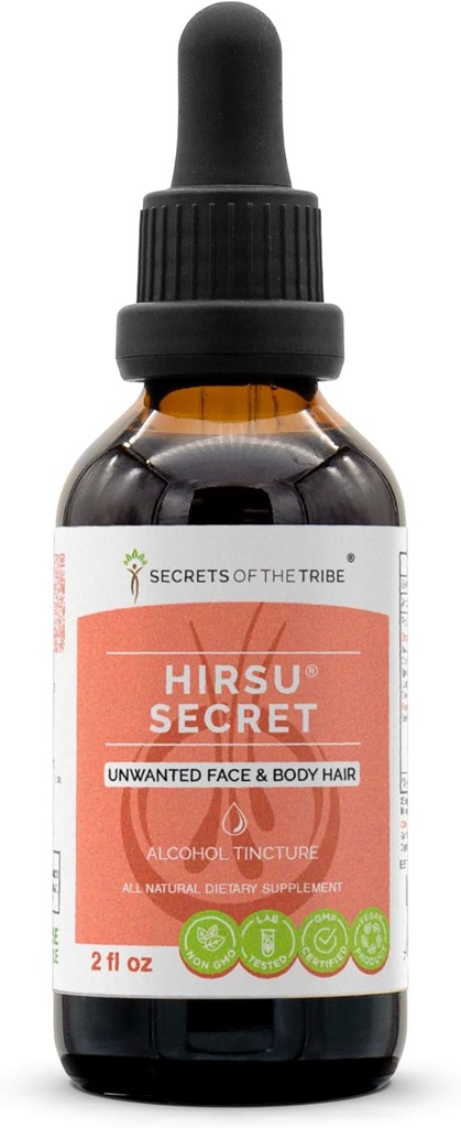 Secretos de la Tribu - Hirsu Secret, Herbal Suplemento Blend Drops Alcohol Liquid Extract, Unwanted Face and Body Hair (2 fl oz)