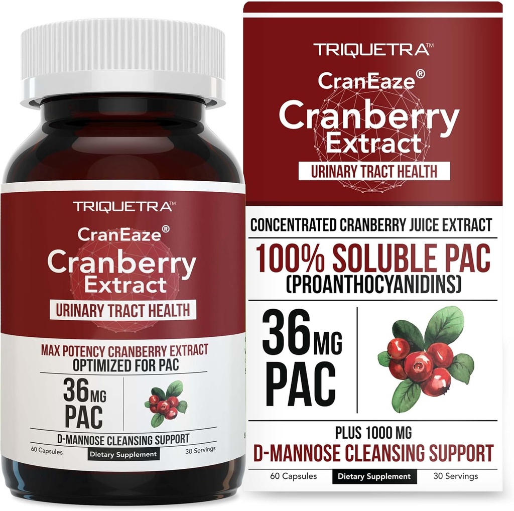 CranEaze®: Cranberry Juice Extract Plus D-Mannose – 36 mg PAC, 100% Soluble PAC - Apoyo a la salud de la tradición urinaria – más eficaz píldoras de arándano para mujeres, UTI Suplemento de arándano - 60 cápsulas
