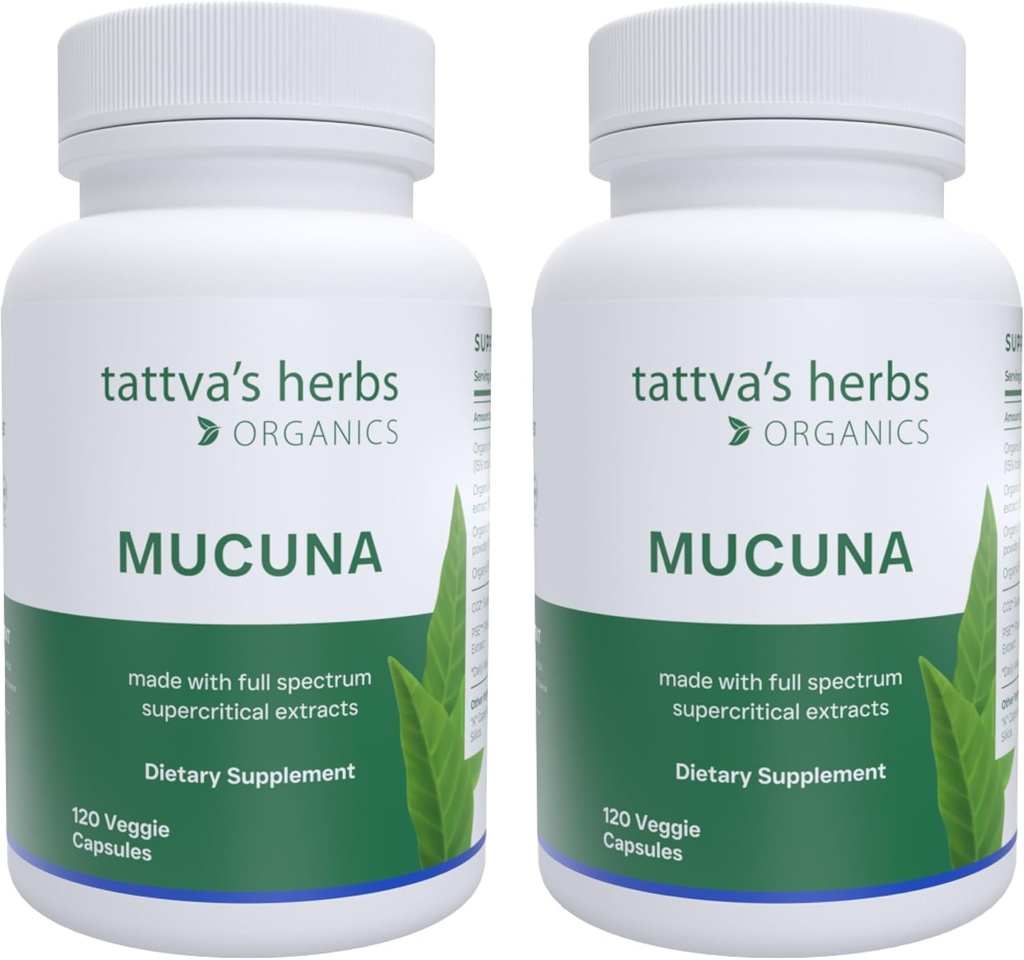 Tattva's Herbs Organic Mucuna Pruriens – Natural L-Dopa, Dopamine Support, Vegan &amp; Gluten-Free - 240 cápsulas (2-Pack)