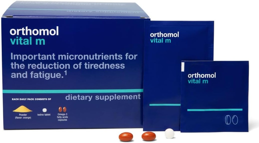 Orthomol Vital M Powder &amp; Tablet Packet for Men, 30-Day Vitamin Supplement – Daily Energy, Fatigue Reduction & Vitality Support with Vitamins A, B, C, D, E, K, Omega-3 &amp; Iodine
