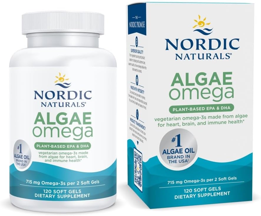 Nordic Naturals Algae Omega - 120 Soft Gels - 715 mg Omega-3 - Certified Vegan Algae Oil - Plant-Based EPA &amp; DHA - Heart, Eye, Immune & Brain Health - Non-GMO - 60 Servings