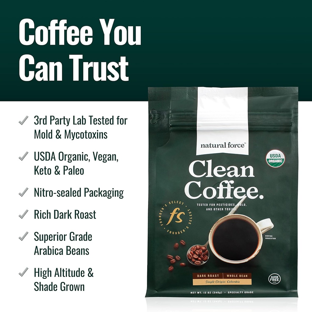 Natural Force Organic Dark Roast Clean Coffee + Organic MCT Oil Bundle – 100% Pure Coconut MCTs & Mold & Mycotoxin Free Coffee – Non-GMO, Keto, Paleo y Vegan - 12 Oz y 16 Oz