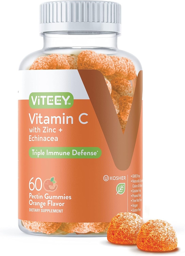 Viteey Vitamina C Gummies para adultos " Adolescentes con zinc " Echinacea - Immune Support Gummies - Vegan, Gelatin Gratis, Gluten Gratis, GMO Gratis - Tasty Vitamin C Chewable Orange Flavored Gummy