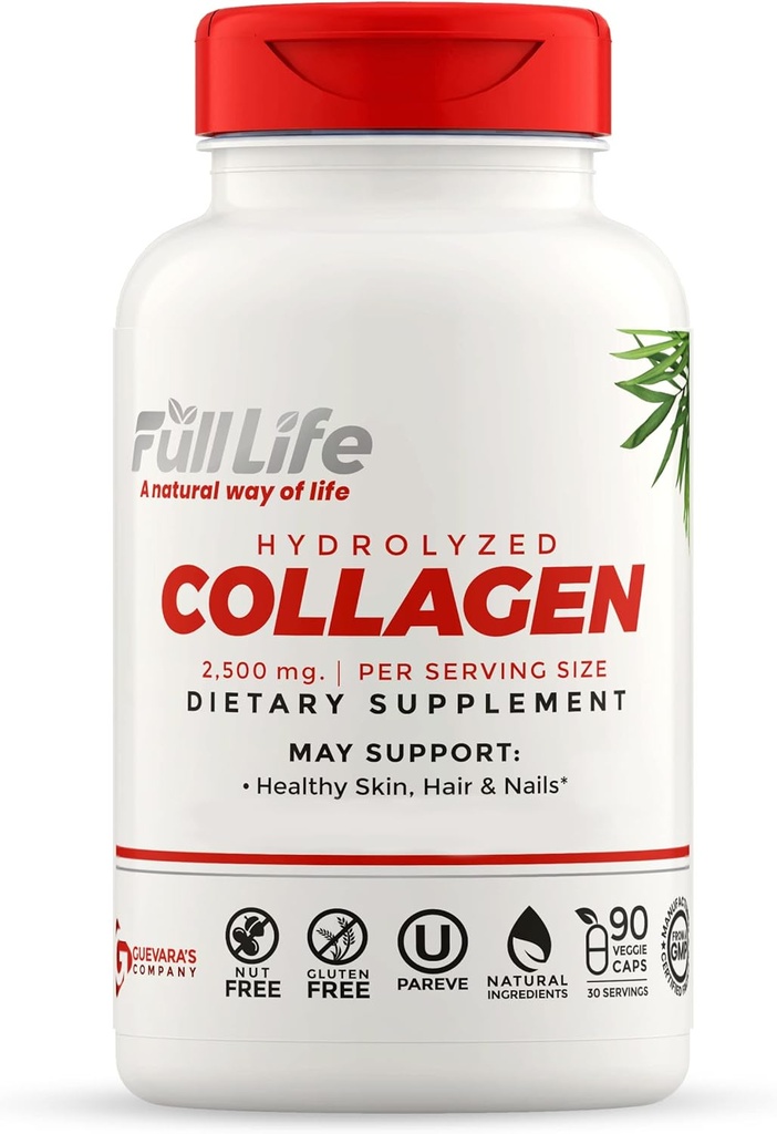 Suplementos de Collagen Hidrolyzed Life - Bovine Collagen Pills for Women and Men - Kosher Collagen Capsules, Gluten-Free - 90 Veggie Capsules 2.500mg