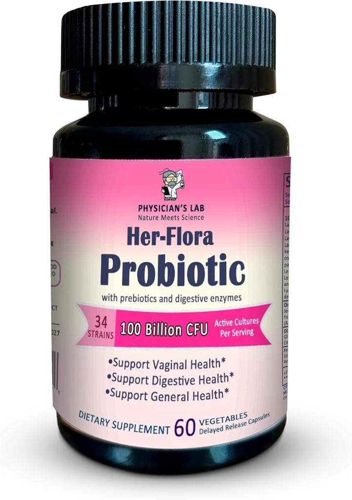 El laboratorio de Physician Her-Flora Women’s Probiotic 100 Billion CFU per Capsule, Non-GMO, 34 Strains, con prebióticos & enzimas digestivas, Gut & Vaginal Health, H.Pylori Support, 60 Veg Caps, 2-Months Supply!