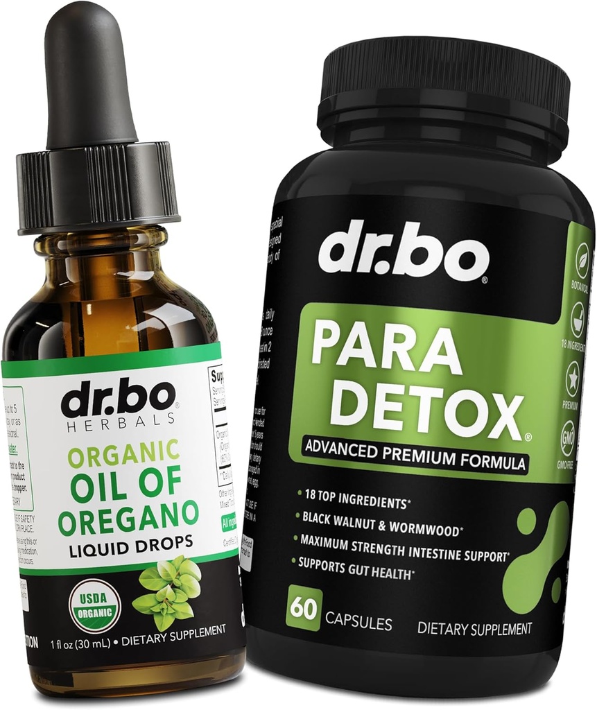Oregano Oil Organic Liquid Drops & Gut Health Caps - Oil of Oregano Drops Tincture Extract " Intestinal Pills Herbal Wormwood Black Walnut Cloves Immune Support - Herbal Organic