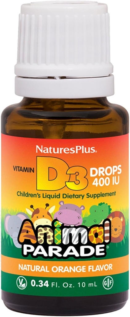 NaturesPlus Animal Parade Liquid Vitamina D3 Drops for Children - 400 IU, 10 mL - Orange Flavor - Bone Health &amp; Immune System Support Supplement - Gluten Free, Vegetarian - 365 Servings