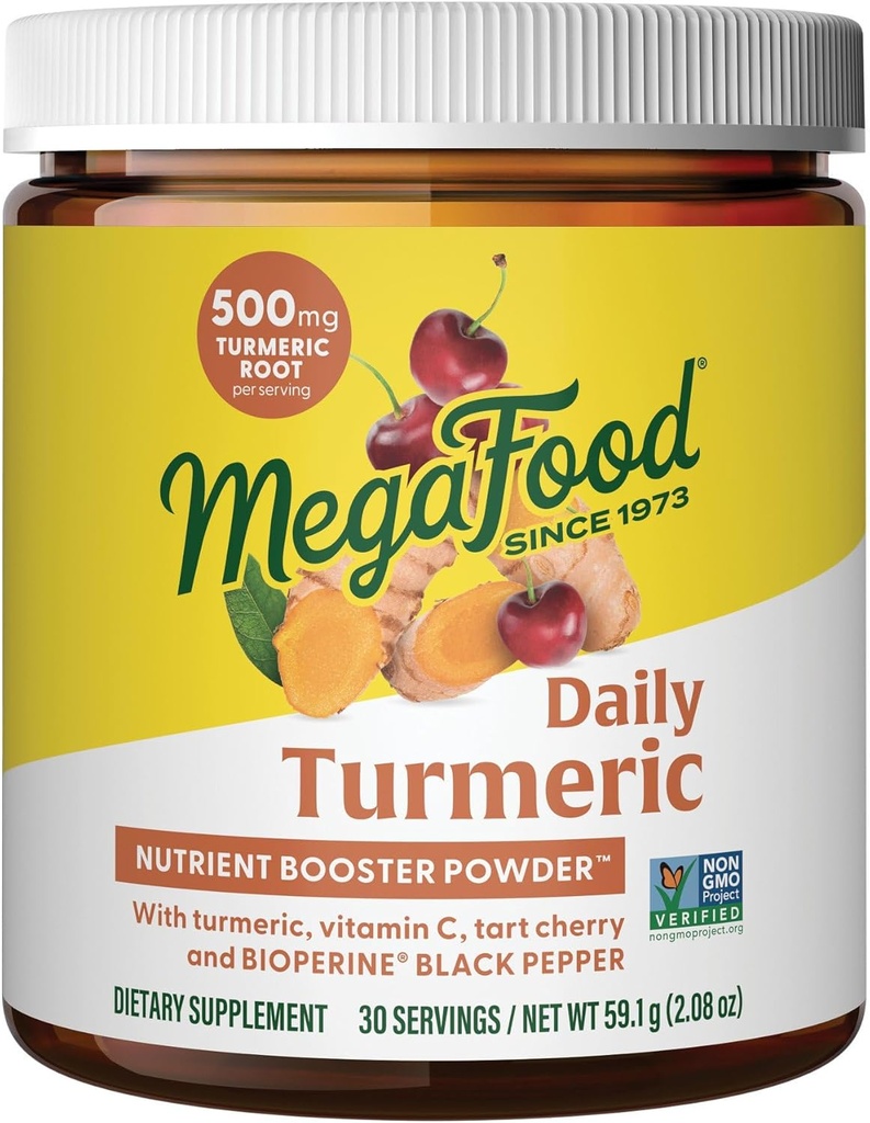 MegaFood Daily Turmeric Nutrient Booster Powder - Suplemento Turmérico - con Black Pepper Extracto, Tart Cherry &amp; Vitamina C - Vegan - Hecho sin 9 Alérgenos Alimentarios - 2.08 Oz (30 Servimientos)