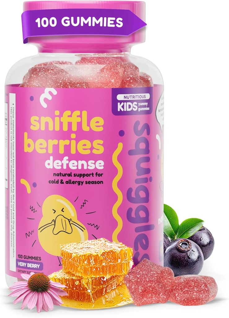 Squiggles Sniffle Berries Elderberry Gummies with Bee Propolis & Echinacea, Kids Immune Booster, Propolis Gummies for Health, Toddler Vitamins for Immune Support, Tasty Chewy Gummy (100 Cuenta)
