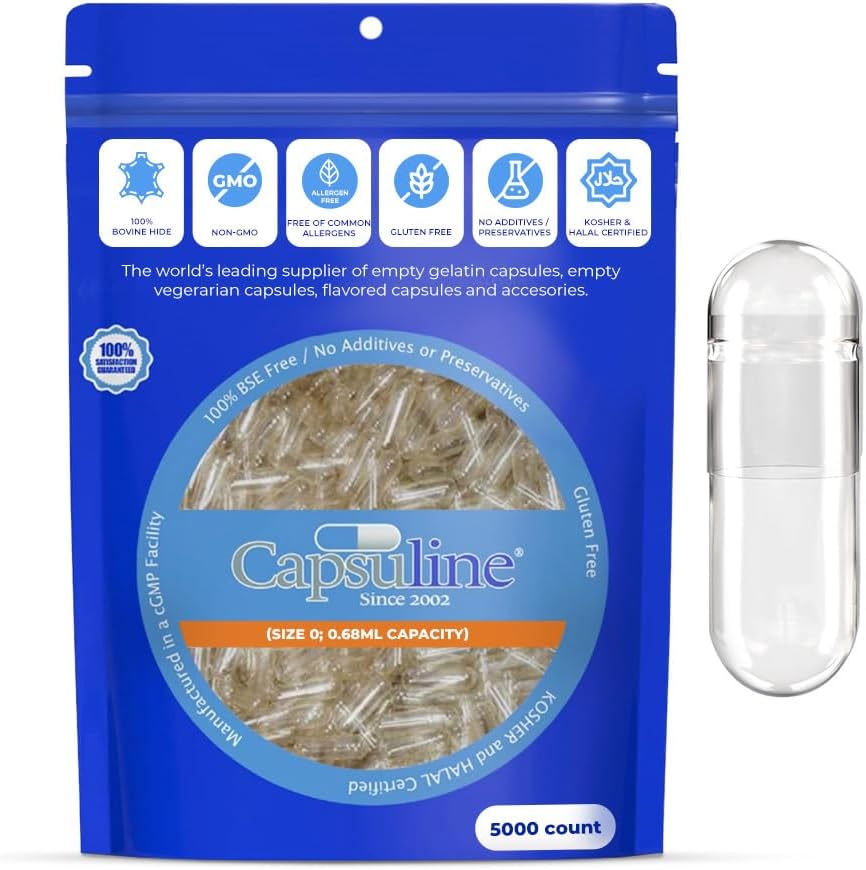 Capsuline Size 0 Empty Gelatin Capsules, Clear - 5000 Count ← Gluten Free, Kosher, Non-GMO Certified ← Pure Bovine Pill Caps for DIY Supplement Filling