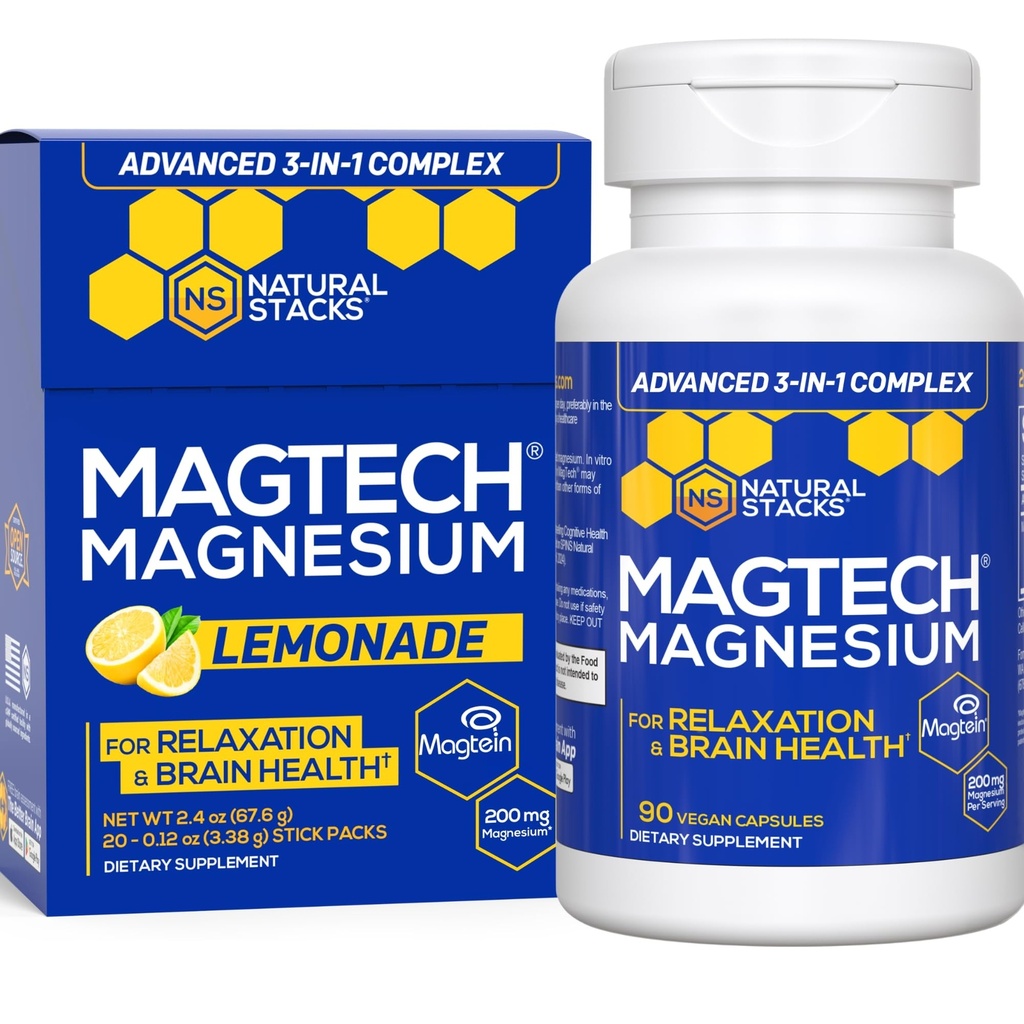 NATURAL STACKS MagTech Magnesium Capsules + Magtech Drink Mix Bundle - Supports Relax & Brain Health* - 50 Total Servings