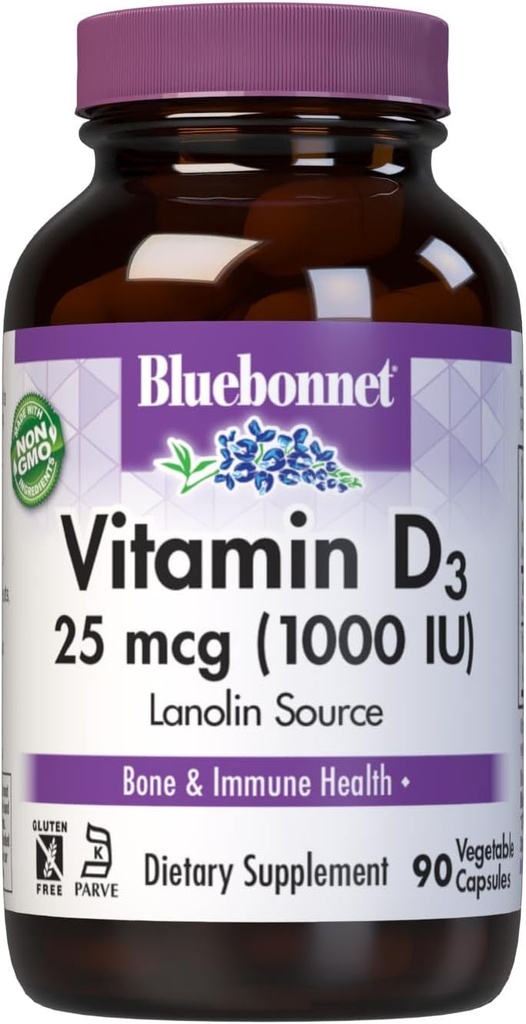 BlueBonnet Nutrition Vitamina D3 1000 UI, Ayuda en el crecimiento muscular y esquelético, Cholecalciferol de Lanolin, No GMO, Libre de gluten, Soy Free, Milk Free, Kosher, 90 cápsula vegetal, blanco