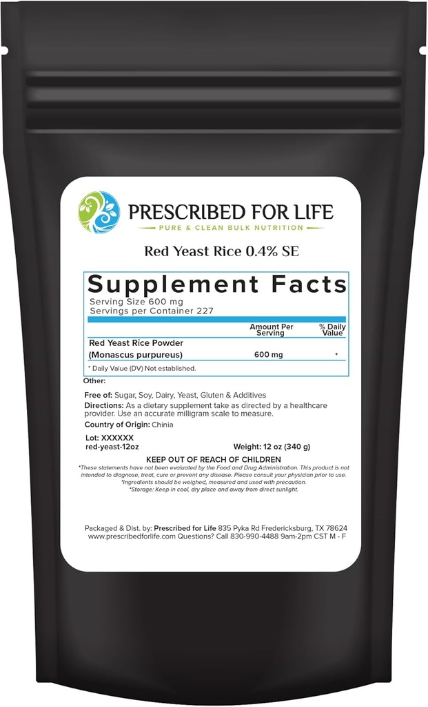 Prescrito para la vida Red Yeast Rice Powder, Red Yeast Rice Suplemento para apoyar la salud, Vegan, Gluten Gratis, No GMO, Monascus purpureus (12oz / 340g)