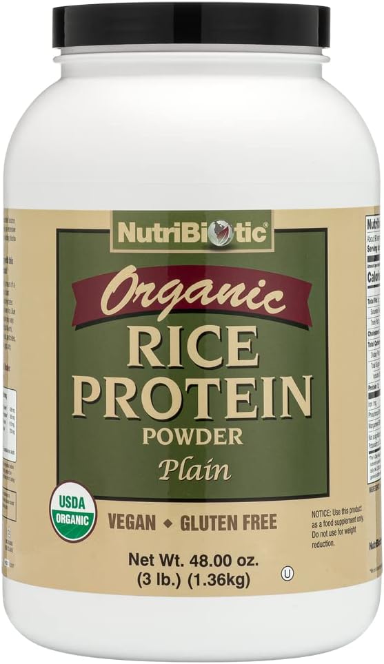 NutriBiotic Certified Organic Rice Protein Plain, 3 Pound ← Bajo Carbohydrate Vegan Protein Powder ← Raw, Certified Kosher & Keto Friendly  Made without Chemicals, GMOs & Gluten Silencio fácil de digerir