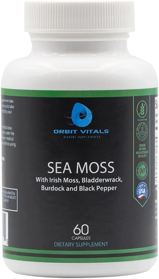 Moss de Mar con Burdock Root Bladderwrack Moss Irlandés " Black Pepper - Nutrients-Rich Superfood for Immune, Digestive, Joint, Skin Health - Vegan, Non-GMO - 60 Irish Mos Capsules, Made in USA