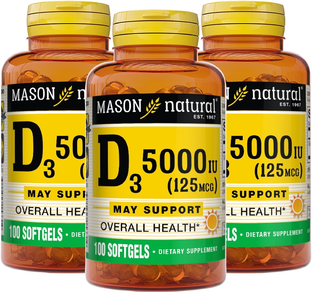 MASON NATURAL Vitamina D3 125 mcg (5000 UI) - Apoya la salud general, fortalece los huesos y los músculos, de Fish Liver Oil, 50 Softgels (Pack of 3)