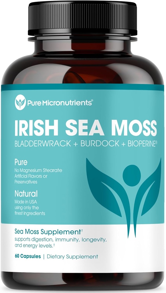 Micronutrientes puros del mar irlandés Capsules - Orgánica Irlandesa Seamoss Pills with Bladderwrack, Burdock & Black Pepper for Energy, Immunity, Thyroid, Digestion, Heart and Bone Health
