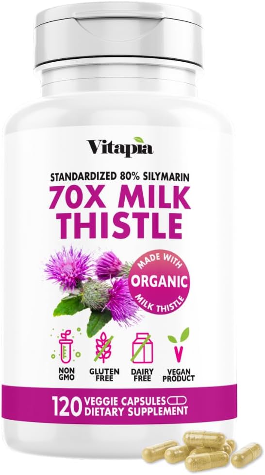 Vitapia Organic Milk Thistle Extract 70:1 Supplement - Liver Cleanse Detox &amp; Repair, Liver Health Support, Antioxidants - 120 Vegan Capsules, Non GMO, Gluten Free