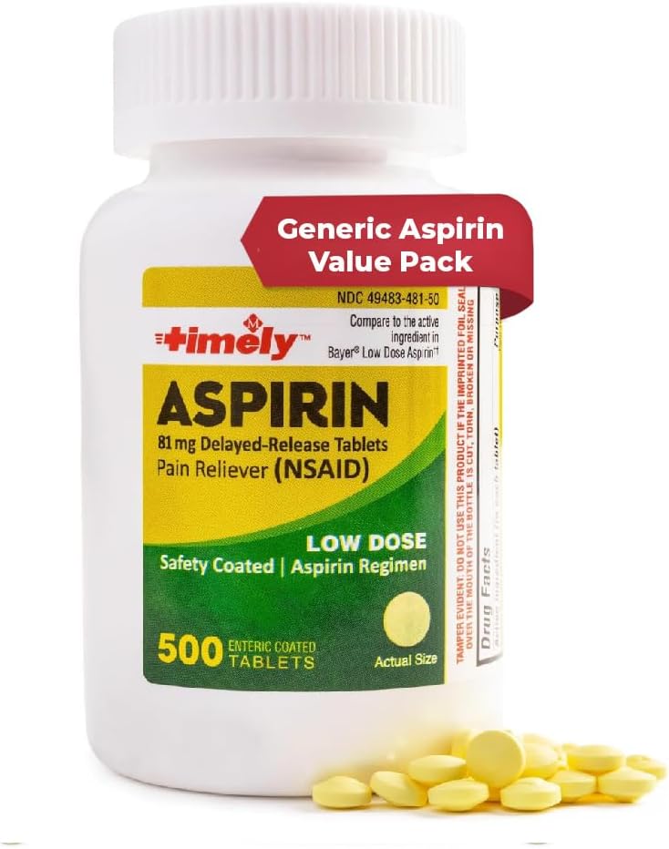 Timely Low Dose Aspirin 81mg for Adults - Pain Reliever for Minor Aches & Fever Reducer - Compared to The Active Ingredient in Bayer - Low Strength Enteric Coated Aspirin - 500 Tablets