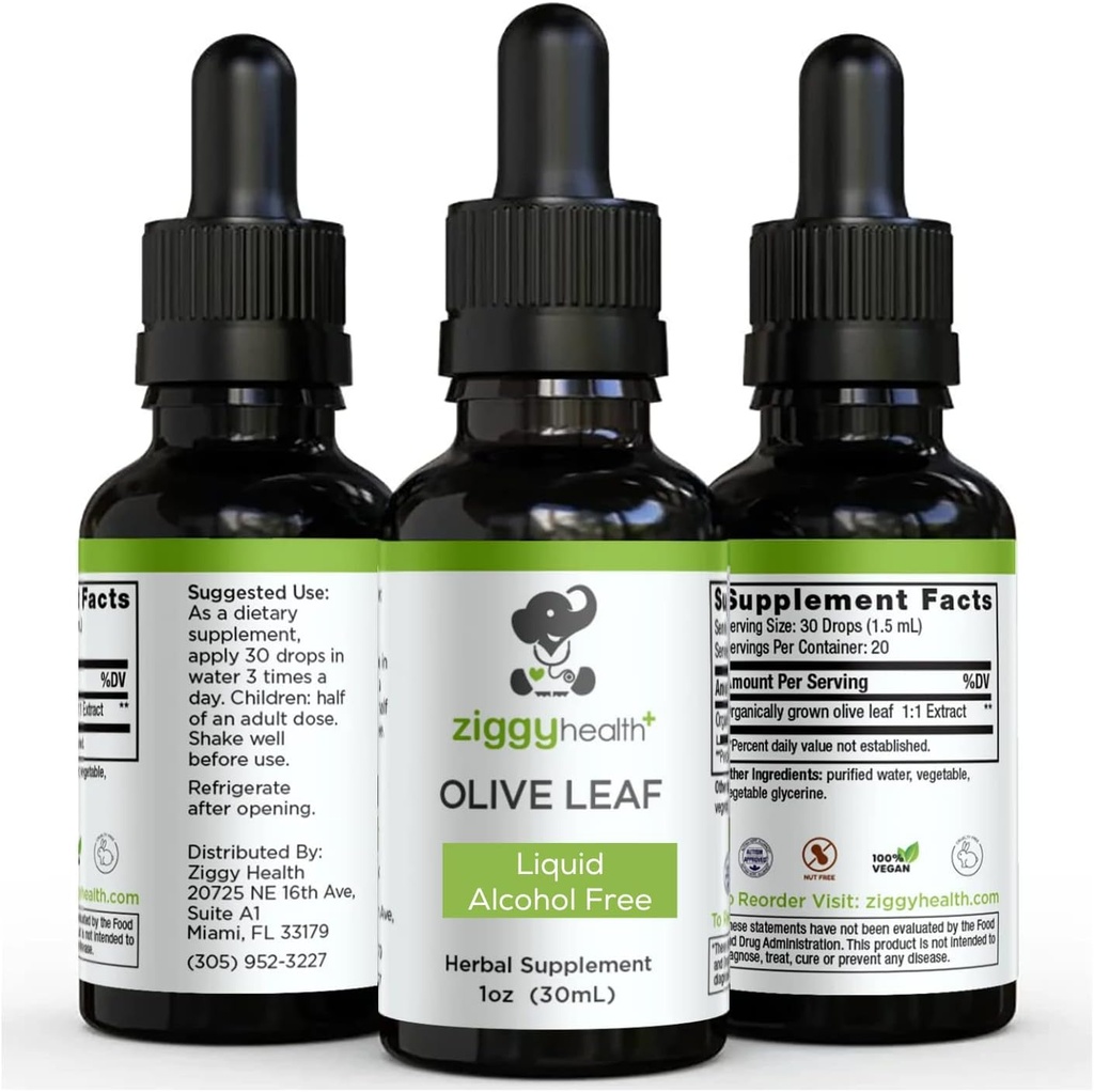 Extracto de la hoja de oliva Tintura líquida - Suplemento dietético sin alcohol - Fuerza extra - Cardiovascular y Asistencia sanitaria general - Vegan - 1 oz por Ziggy Health