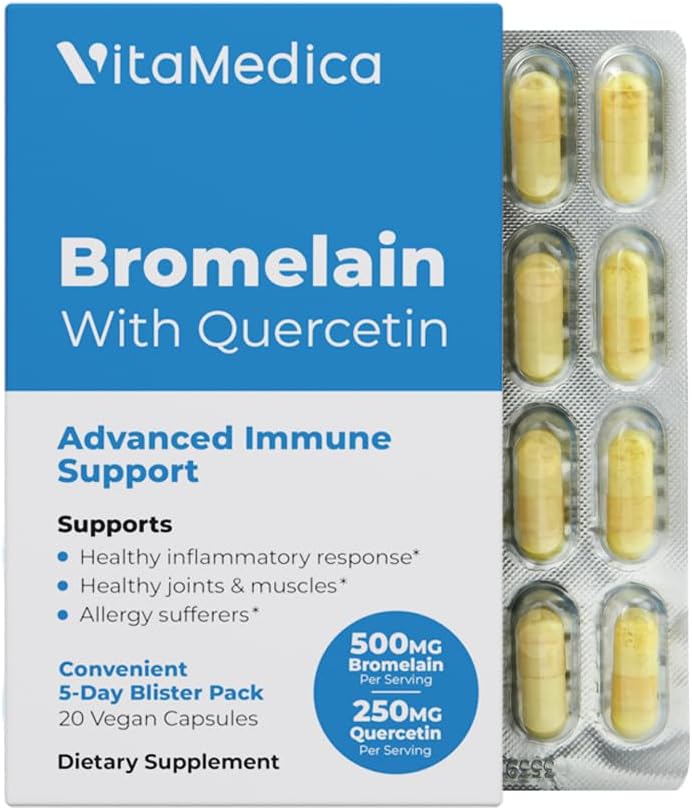 VitaMedica Bromelain &amp; Quercetin Supplement - 500mg Bromelain 250mg Quercetin - 2400 GDU para la inmunidad, soporte conjunto, inflamación y recuperación del músculo - 20 cápsulas Vegan - 5 días de suministro