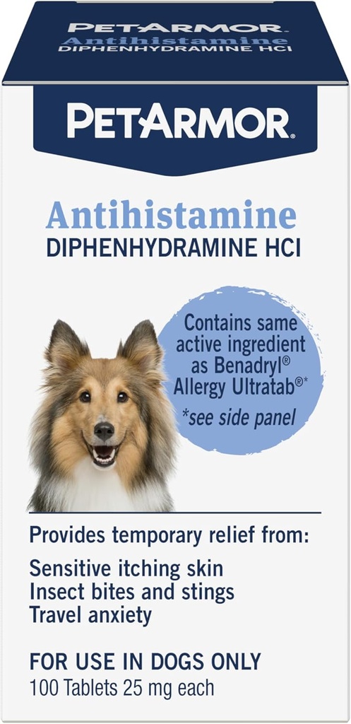 PetArmor Antihistamine Alivio de Alergia para Perros, Medicina de Alergia Fácil de Usar para Perros, Medicina Anti-Itch proporciona Alivio de Insectos, y Stings, 100 Tablets