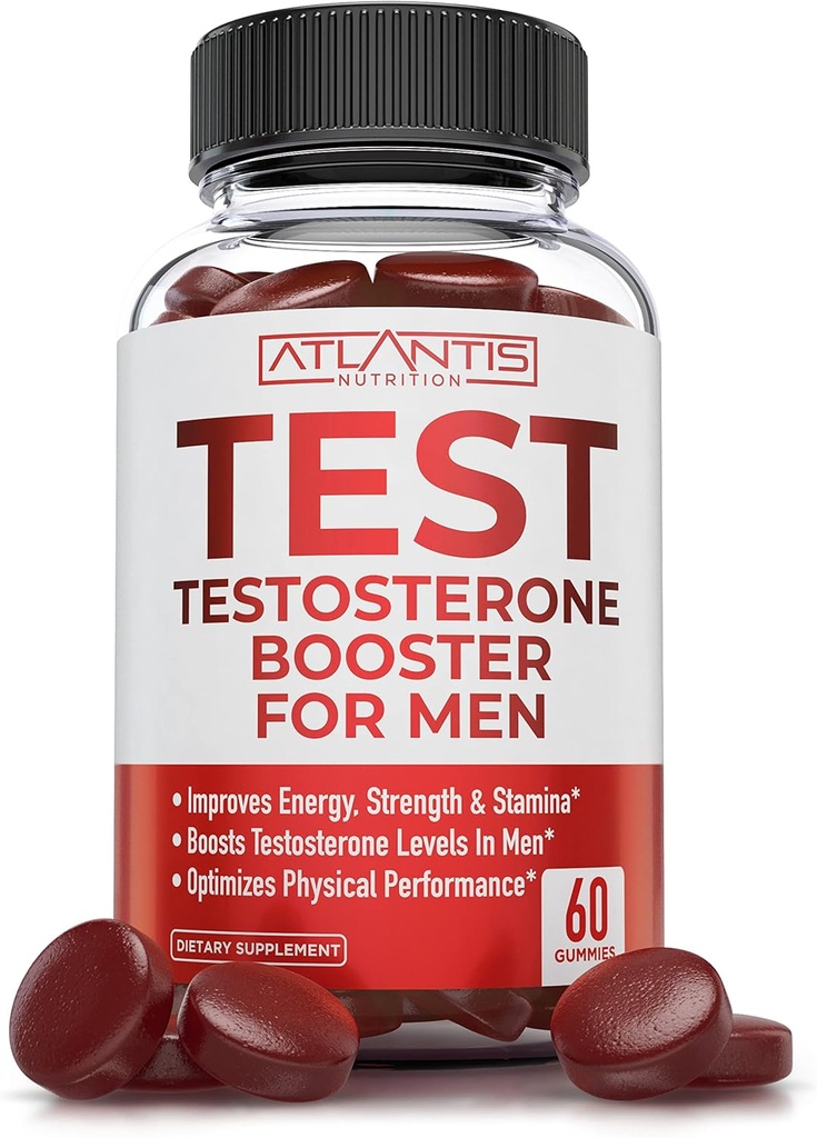 Atlantis Nutrición Testosterona Booster Para Hombres Gummies - Enhancement masculino, Boosts Energy, & optimiza el rendimiento físico Formulado w/Tribulus, Horny Goat Weed, Saw Palmetto, Maca Root - 60 Gummies