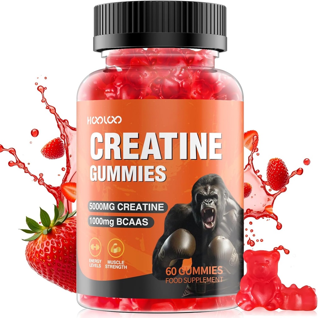 HOOLOO Creatine Gummies 5000mg Cretine Monohydrate, 1000mg BCAAs per Serving - Chewable Vegan Sugar Gummies gratis, Strawberry Flavour (1 Month Supply)