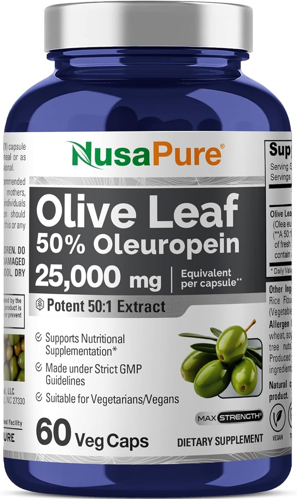NusaPure Hoja de Oliva 50:1 Extracto, 500 mg Equivalente a 25.000 mg - 50% Oleuropeina Vegan/Vegetariano - Super Fuerza Sin Petróleo 60 cápsulas