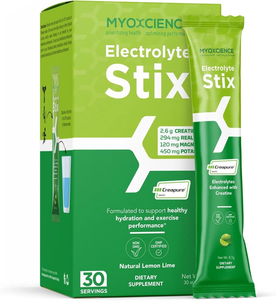 MYOXCIENCE Electrolyte STIX ← Creatine Electrolyte Powder  durable Recuperación del ejercicio &amp; Muscle Development w/Real Salt (Lemon Lime Flavor) (Stix 30 ct)