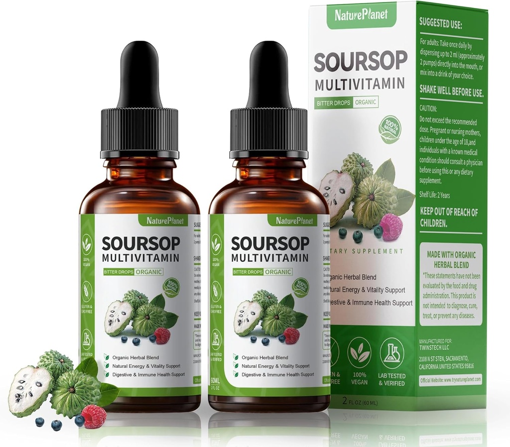 Soursop Bitters Liquid Drops with Vitamin C, D3, B6, Soursop Fruit & Leaf Extract + 10 Bitters Botanicals for Immune Support Digestive Health Antioxidant Boost丨Non-GMO Vegan 120mL/4 Fl Oz
