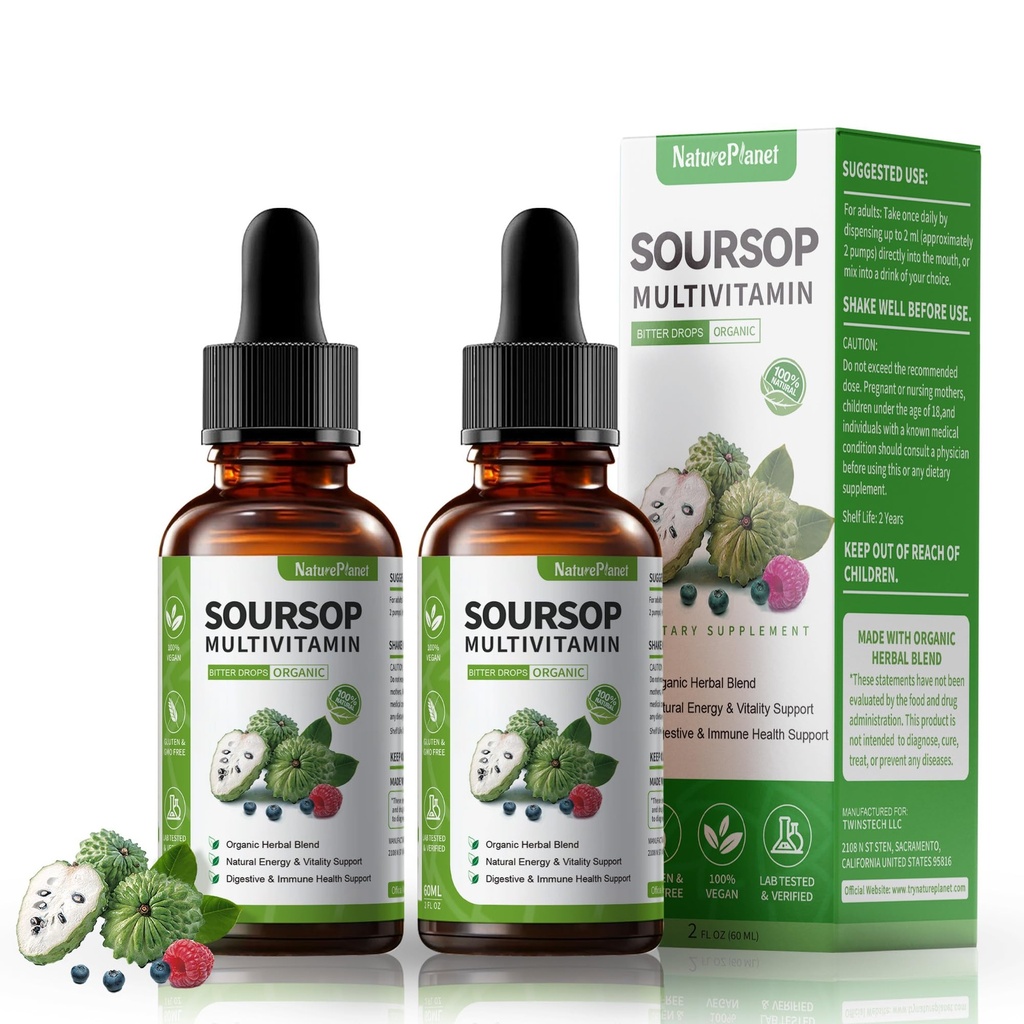Soursop Bitters Liquid Drops with Vitamin C, D3, B6, Soursop Fruit &amp; Leaf Extract + 10 Bitters Botanicals for Immune Support Digestive Health Antioxidant BoostNon-GMO Vegan 120mL/4 Fl Oz