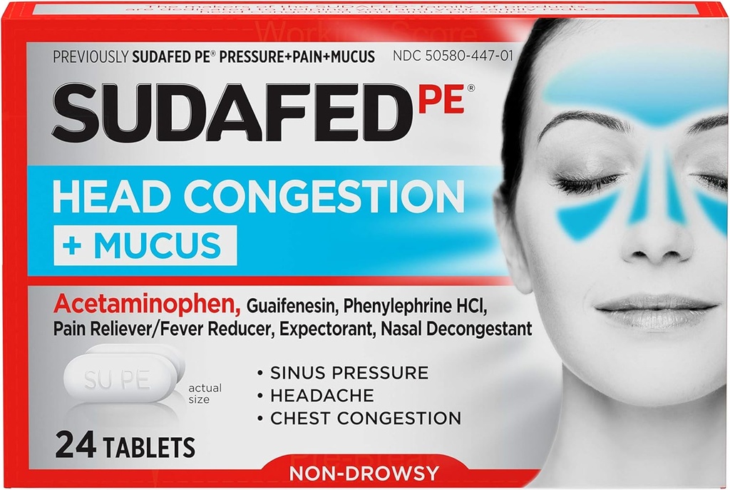 Sudafed PE Head Congestion + Mucus Tablets for Sinus Pressure, Pain " Congestion, 24 ct
