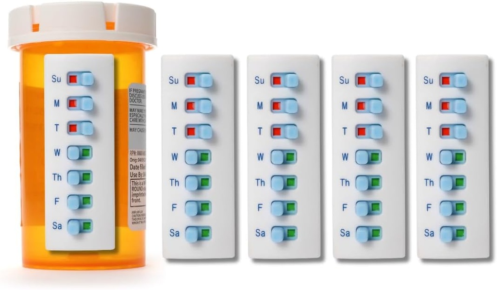 Take‑n‑Slide Peel and Stick Reusable for 12 + Refills, Pill/Medication/Vitamin/Pet Med Tracker & Reminder, Attach to Your Bottle, Organizer-Free, Curved‑Back (White, 5-Pack)