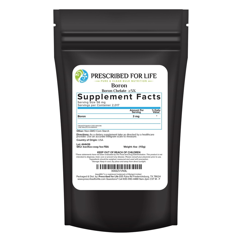Prescribed For Life Boron Chelate 5% Powder, Natural Boron Supplement for Men and Women, Gluten Free, Vegan, Non GMO (113g)