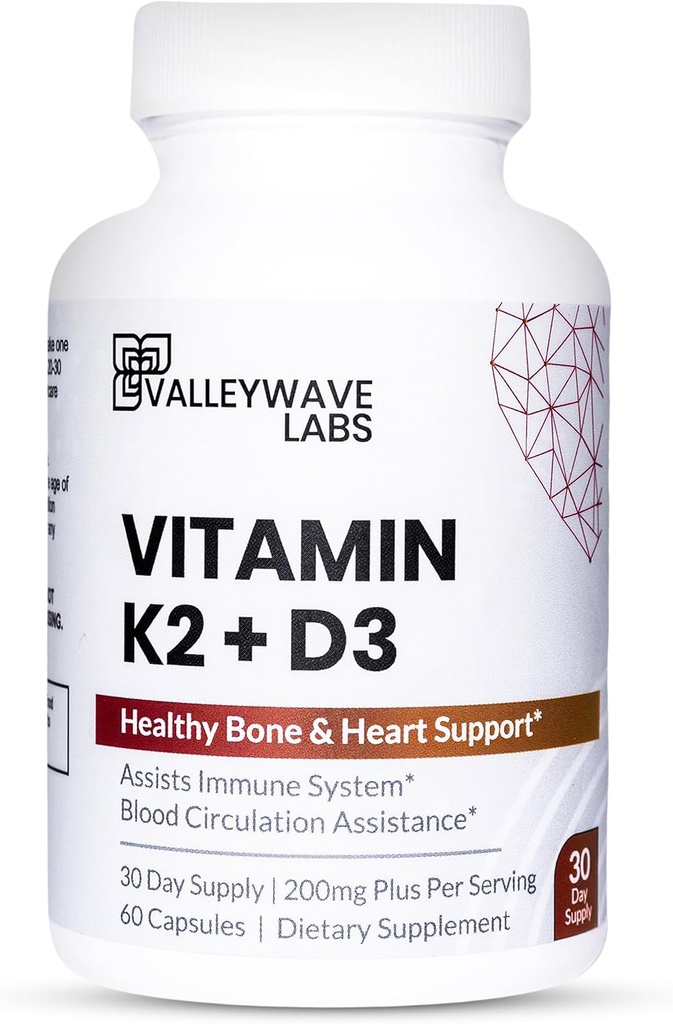 Vitamina D3 K2 Cápsulas - 2-en-1 Vitamina K2 MK7 100 mcg + VIT D3 5000 UI (125 mcg) Suplemento dietético para apoyar el hueso, los dientes, el músculo y el apoyo a la salud inmunitaria*, 60 condes