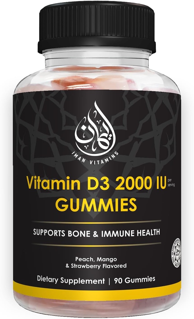Vitamina Halal D3 Gummies para Adultos, Hombres y Mujeres TENIDO 1000IU - 2000IU TENIDO Apoyos Bone, Inmunity, and Heart Health TEN Vegetarian, Non-GMO, Gluten-Free TEN 45-90