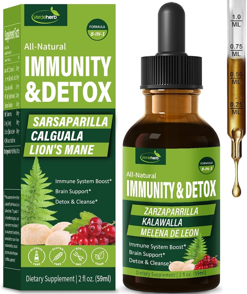 Sarsaparilla & Kalawalla Root (Polypodium Leucotomos) Inmunity " Detox Drops, Natural Herbal Immune Support Formula w/Lion's Mane. Gotas de Zarzaparrilla, Cardo Mariano y Melena. 2oz