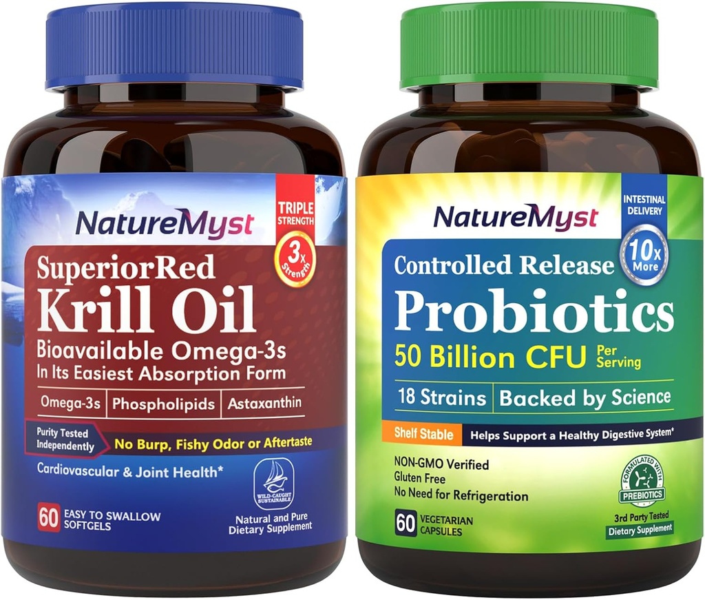 Krill Oil and Probiotics 50 Billion Bundle, Professional Grade, Non-GMO, Heart, Joint, Gut Function & Immune Support