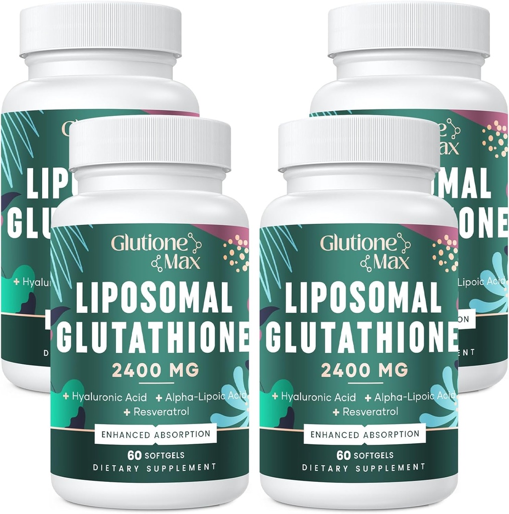 8-en-1 Glutathione Liposomal 2400 MG, Fórmula Antioxidante de alta absorción – con ácido hialurónico, ácido alfa-Lipoico, Resveratrol - Skin, Sistema desintoxicación del hígado, 240 Softgels