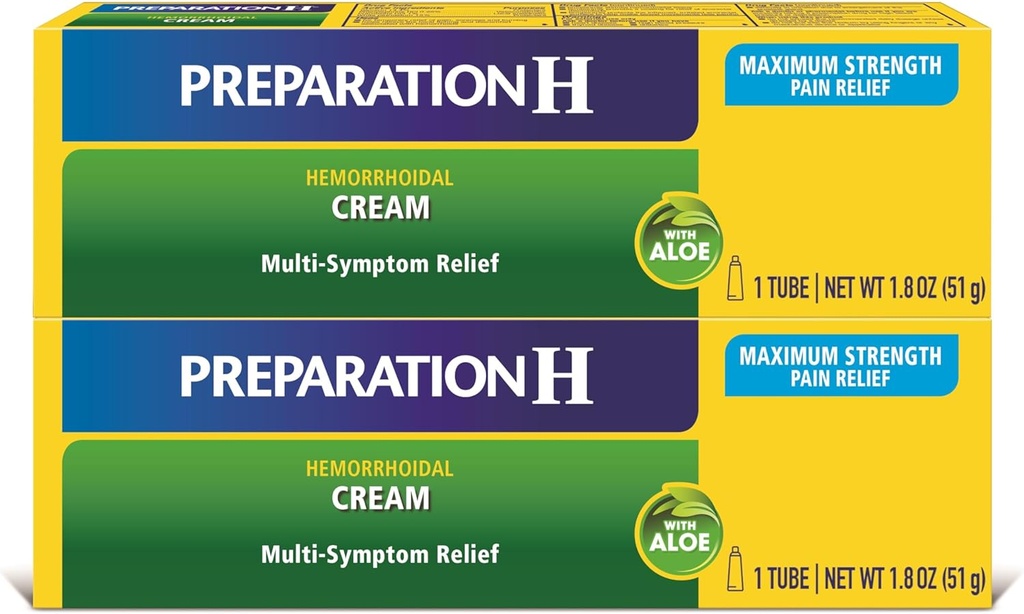 Preparación H Hemorrhoid Symptom Treatment Cream (2 x 1.8 Ounce Tube), Maximum Strength Multi-Symptom Pain Relief with Aloe