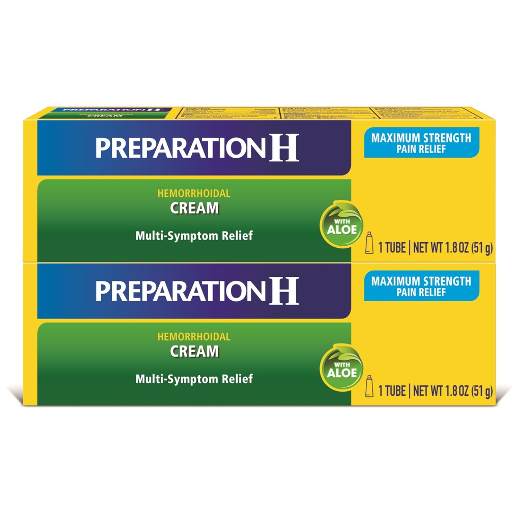 Preparation H Hemorrhoid Symptom Treatment Cream (2 x 1.8 Ounce Tube), Maximum Strength Multi-Symptom Pain Relief with Aloe