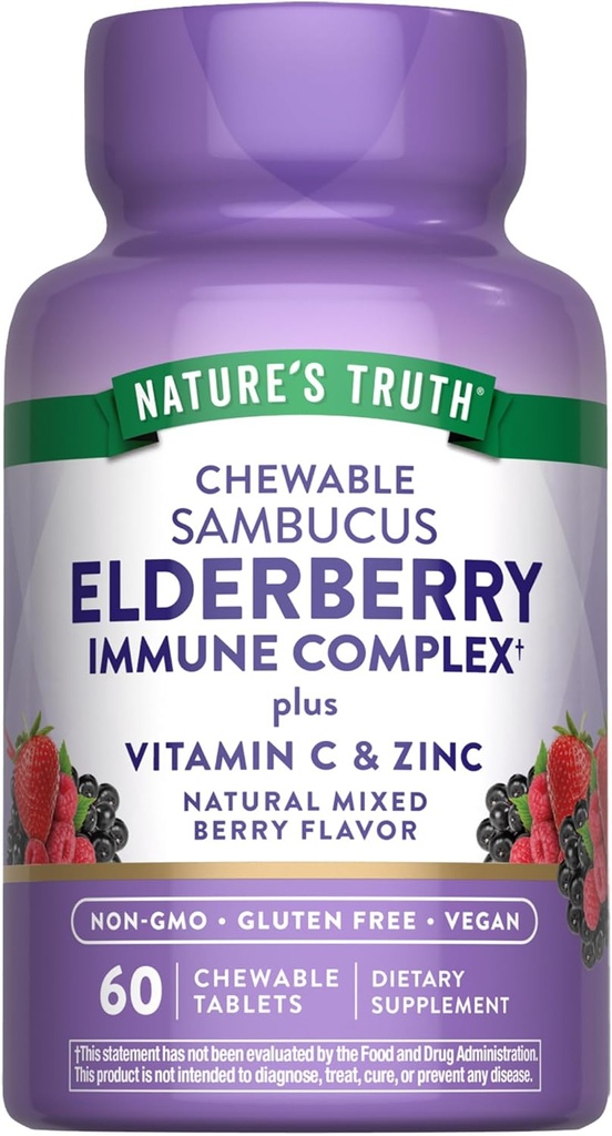 La verdad de la naturaleza Complejo de inmune de arándano TENIDO 60 Tabletas Chewable TENIDO Plus Vitamina C " Zinc TEN Mixed Berry ANTE Vegan, Non-GMO, " Gluten Free Supplement
