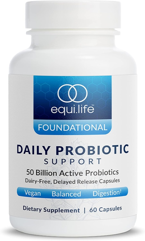 Equilife Daily Probiotic Support, 50 Billion CFU, 8 Probiotic Strains, Digestive and Gut Health Supplement for Hombre and Women, Gluten Free, Soy and Dairy Free, Non GMO, American Made, 60 Capsules