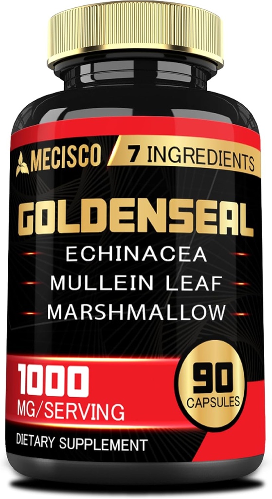 Cápsula de raíz de Goldenseal con Echinacea, hoja de Mullein, Plantain &amp; Más - 90 Cápsulas de verduras - 7in1 Apoyo Sistema de inmunodeficiencia, Salud Digestiva, Respiración de Smooth y Manejo del Cuerpo